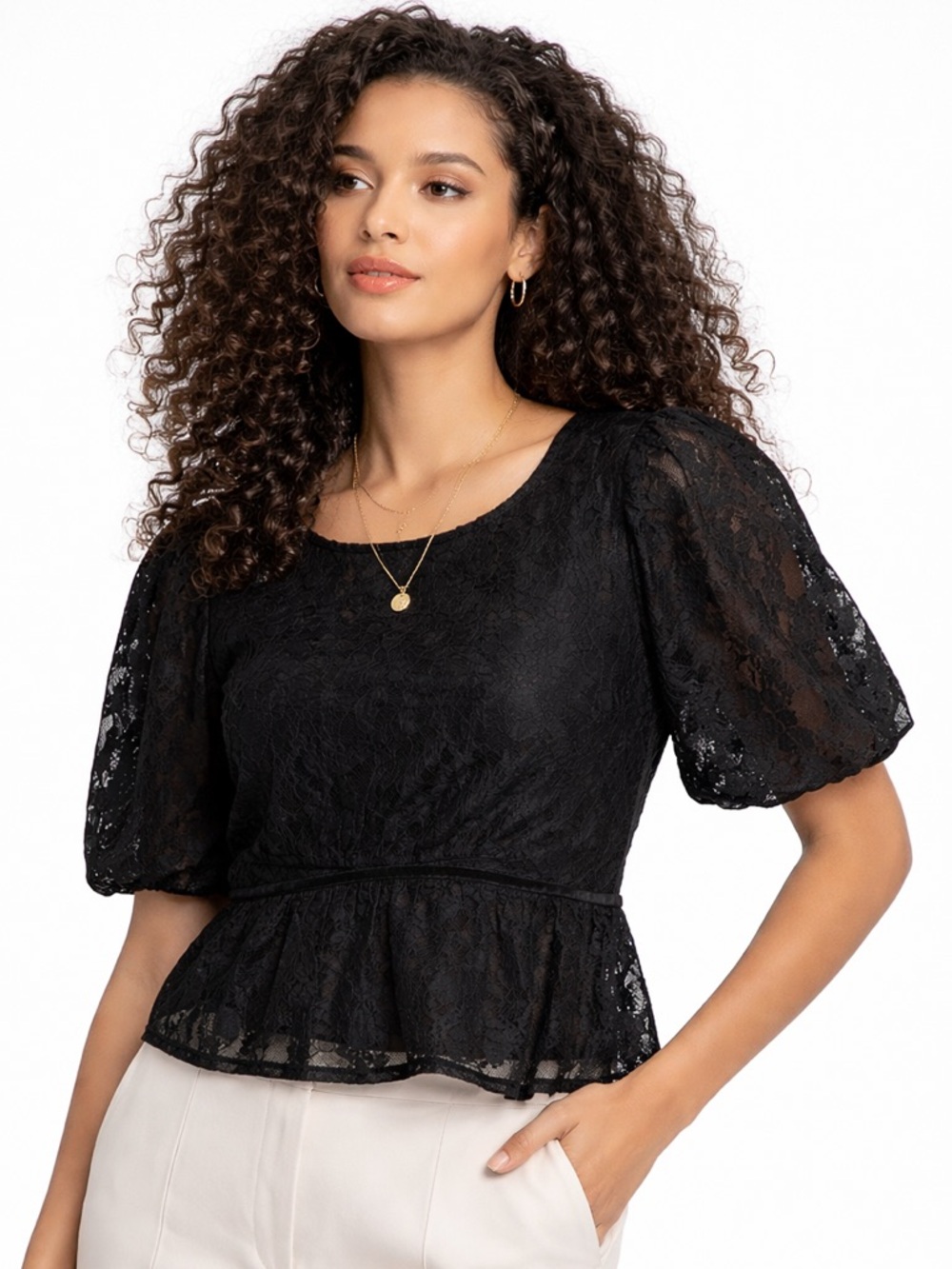 Haute Monde Womens Black Floral Lace‎ Puff Sleeve Peplum Blouse Top Size Large